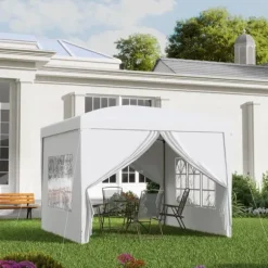 Paviljong 3x3 m med 4 sidoväggar & fönster, UV-skydd, stål/oxford, väska, vit