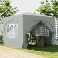 Paviljong 3x3 m pop-up, vattenavvisande, vintertålig, UV-skydd 50+, 4 sidoväggar & väska, ljusgrå