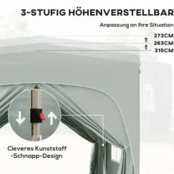 Paviljong 3x3 m pop-up, vattenavvisande, vintertålig, UV-skydd 50+, 4 sidoväggar & väska, ljusgrå