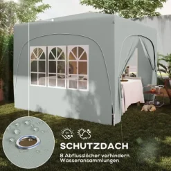 Paviljong 3x3 m pop-up, vattenavvisande, vintertålig, UV-skydd 50+, 4 sidoväggar & väska, ljusgrå