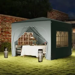 Paviljong 3x3 m pop-up, vattenavvisande, vintertålig, UV-skydd 50+, 4 sidoväggar & väska, ljusgrå