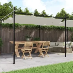 Pergola med infällbart tak | Färg: Gräddvit | Storlek: 589x292x230 cm