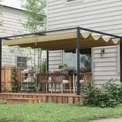 Pergola 4x3m trädgårdspaviljong, uteplatstak av stål, trädgårdspaviljong med justerbart tak, fristående, solskydd för terrass och trädgård, kaki