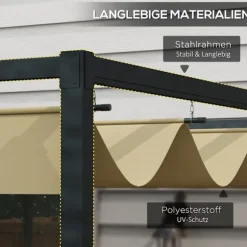 Pergola 4x3m trädgårdspaviljong, uteplatstak av stål, trädgårdspaviljong med justerbart tak, fristående, solskydd för terrass och trädgård, kaki