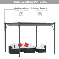 Pergola/paviljong 3×3×2,23 m, skjutbart tak, aluminium, kolgrå/mörkgrå