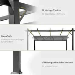 Pergola/paviljong 3×3×2,23 m, skjutbart tak, aluminium, kolgrå/mörkgrå