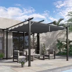 Pergola/paviljong 3×3×2,23 m, skjutbart tak, aluminium, kolgrå/mörkgrå