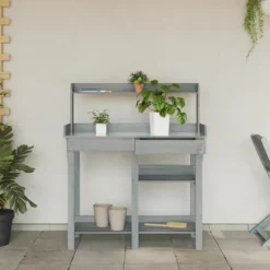 Plantbord med hyllor av massivt granträ - Växtbord för trädgård | Färg: Grå | Storlek: [ange storlek]