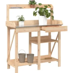 Planteringsbord i massivt granträ med hyllor - Växtbord för trädgård | Färg: Naturlig | Storlek: Standard