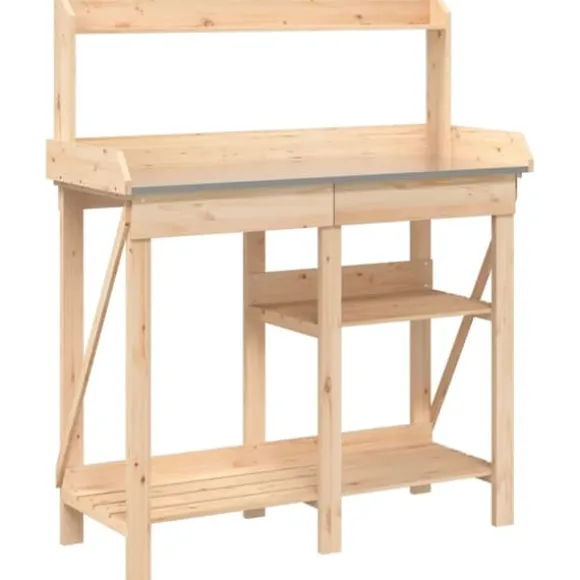 Planteringsbord i massivt granträ med hyllor - Växtbord för trädgård | Färg: Naturlig | Storlek: Standard