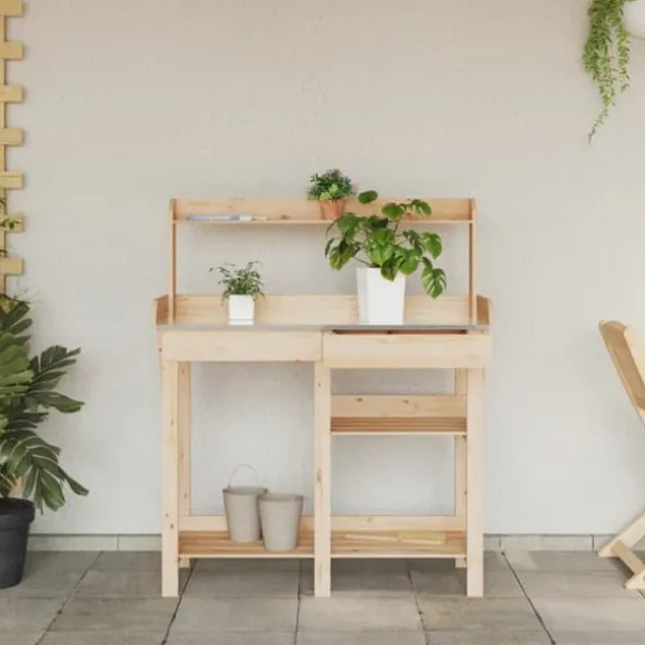 Planteringsbord i massivt granträ med hyllor - Växtbord för trädgård | Färg: Naturlig | Storlek: Standard