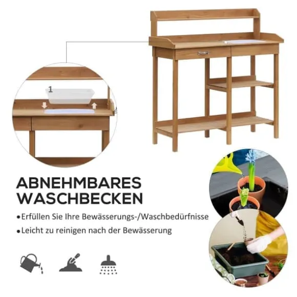 Planteringsbord med balja, trä, 112 cm högt – stabilt & väderbeständigt