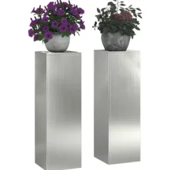 Planteringslåda i galvaniserat stål - 2 st utomhus blomsterställ | Storlek: 24x24x75 cm | Färg: Grå