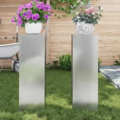 Planteringslåda i galvaniserat stål - 2 st utomhus blomsterställ | Storlek: 24x24x75 cm | Färg: Grå