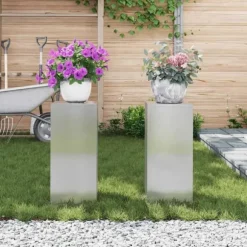 Planteringslåda i rostfritt stål för utomhusbruk - 2 st | Storlek: 24x24x55 cm | Färg: Silver