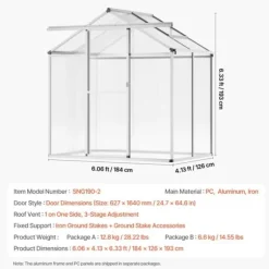 Polykarbonatväxthus 6x4 Ft, Utomhus Walk-in Växthus, För Trädgårdsanvändning