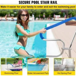 Poolräcke 39x32" i rostfritt stål, 250LBS kapacitet, med blått greppskydd och självhäftande skruvar.