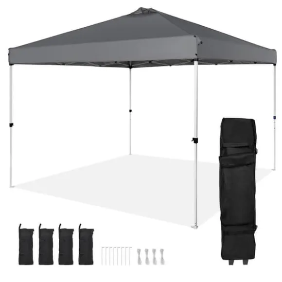 Pop Up Canopy Partytält 10x10 fot med bärväska för camping, mörkgrått och lätt att transportera.
