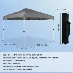 Pop Up Canopy Partytält 10x10 fot med bärväska för camping, mörkgrått och lätt att transportera.