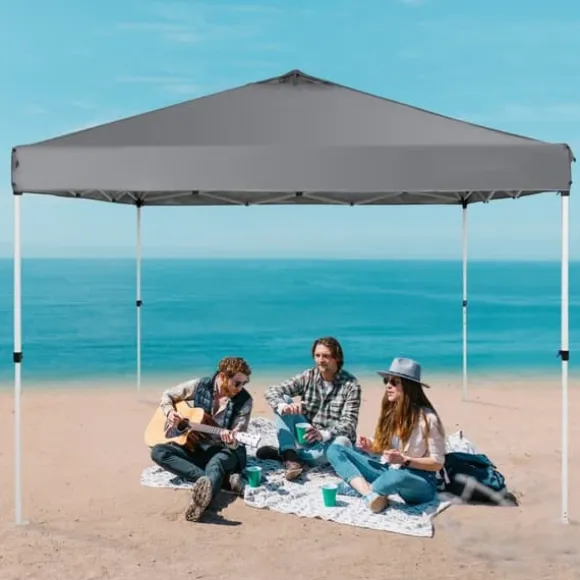Pop Up Canopy Partytält 10x10 fot med bärväska för camping, mörkgrått och lätt att transportera.