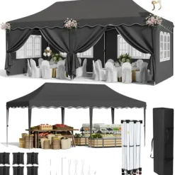 Pop Up Pavilion Tält med Markis, Vattentät UV-skydd, Robust Aluminiumram,svart