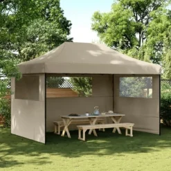Pop-Up hopfällbart partytält med 3 sidoväggar - Utomhustält | Färg: Taupe | Storlek: Standard