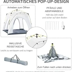 Pop-up kupoltält 4 pers, lätt & stabilt, UV50+, krokar, dörr/fönster, 1000 mm vattenpelare
