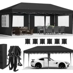 Pop-Up Paviljong 3m x 6m, Vattentät med UV-skydd, Enkel Uppsättning,svart