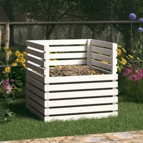 Praktisk kompostlåda i massivt furuträ - Hög kapacitet | Färg: Vit | Storlek: 80x80x78 cm