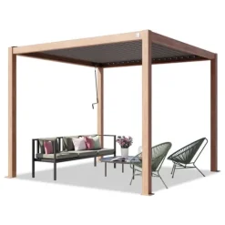 PRIMEYARD Pergola 3x3 m stolpar av aluminium i trälook med lamelltak av stål terrasstak