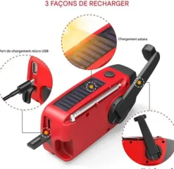 Radio Survie-Radio Dynamo-Manivelle och Solenergi, 2000mA, med LED-ficklampa, SOS-larm, AM/FM/WB-väder - för nödladdning