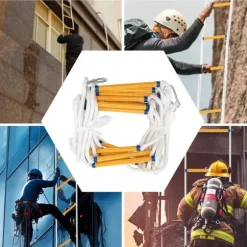 Räddningsrepstege - Nödutrymningsstege - Längd 12 m - Brandbeständig - Med karbinhakar - Maxbelastning 200 kg - Neongul