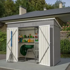 Redskapsbod i metall 8×4 ft (ca 244×122 cm), grå – vädertålig, inkl. metallfundament (utan golv) för trädgård/terrass