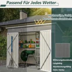 Redskapsbod i metall 8×4 ft (ca 244×122 cm), grå – vädertålig, inkl. metallfundament (utan golv) för trädgård/terrass