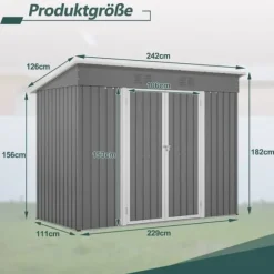 Redskapsbod i metall 8×4 ft (ca 244×122 cm), grå – vädertålig, inkl. metallfundament (utan golv) för trädgård/terrass