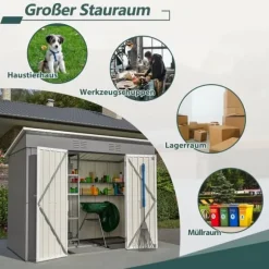 Redskapsbod i metall 8×4 ft (ca 244×122 cm), grå – vädertålig, inkl. metallfundament (utan golv) för trädgård/terrass