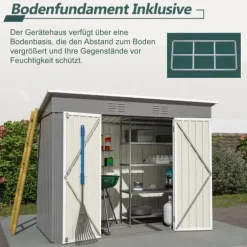 Redskapsbod i metall 8×4 ft (ca 244×122 cm), grå – vädertålig, inkl. metallfundament (utan golv) för trädgård/terrass
