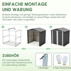 Redskapsbod i metall 142 x 185 cm, grå – låsbar dörr, ventilationshål, inkl. metallbas, vädertålig för trädgårdsredskap