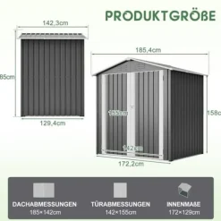 Redskapsbod i metall 142 x 185 cm, grå – låsbar dörr, ventilationshål, inkl. metallbas, vädertålig för trädgårdsredskap