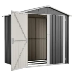 Redskapsbod i metall 142 x 185 cm, grå – låsbar dörr, ventilationshål, inkl. metallbas, vädertålig för trädgårdsredskap