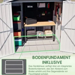 Redskapsbod i metall 142 x 185 cm, grå – låsbar dörr, ventilationshål, inkl. metallbas, vädertålig för trädgårdsredskap