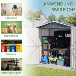 Redskapsbod i metall 142 x 185 cm, grå – låsbar dörr, ventilationshål, inkl. metallbas, vädertålig för trädgårdsredskap