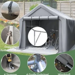 Redskapsbod och cykelskjul 244x241x217 cm trädgårdsförråd lagertält verktygsskjul mörkgrå