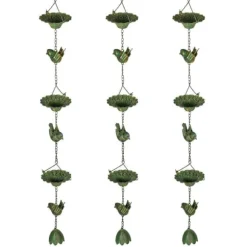 Regnkedja 3-pack, 123 cm, metall med fåglar & klocka, med upphängning, grön