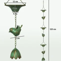 Regnkedja 3-pack, 123 cm, metall med fåglar & klocka, med upphängning, grön