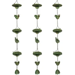 Regnkedja 3-pack, 123 cm, metall med fåglar & klocka, med upphängning, grön