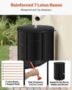 Regntunna - Hopfällbar regnvattentunna - Kapacitet 380 l - PVC 1000D - Med kran och överfyllningskit - För trädgård - Svart