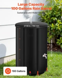 Regntunna - Hopfällbar regnvattentunna - Kapacitet 380 l - PVC 1000D - Med kran och överfyllningskit - För trädgård - Svart