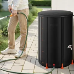Regntunna - Hopfällbar regnvattentunna - Kapacitet 380 l - PVC 1000D - Med kran och överfyllningskit - För trädgård - Svart