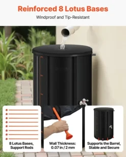 Regntunna - Hopfällbar regnvattentunna - Kapacitet 250 l - PVC 500D - Med tappkran och överfyllningskit - Regnvattenuppsamlare - Svart